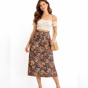 Talbots XS Dark Floral Romantic Midi Skirt 100% Silk Forest Fairy Grunge Vintage